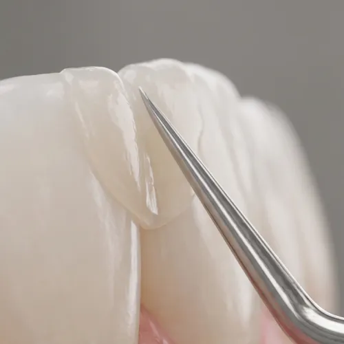 Close-up of a dentist using a dental instrument to apply composite resin during a dental bonding procedure on front teeth.