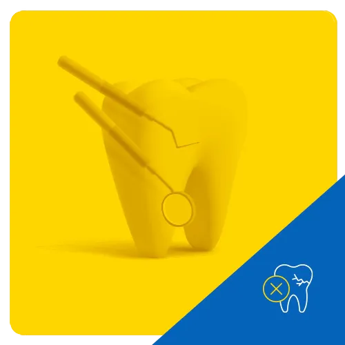 3D representation of a tooth undergoing dental treatment with tools, on a yellow background, indicating restorative dental care.