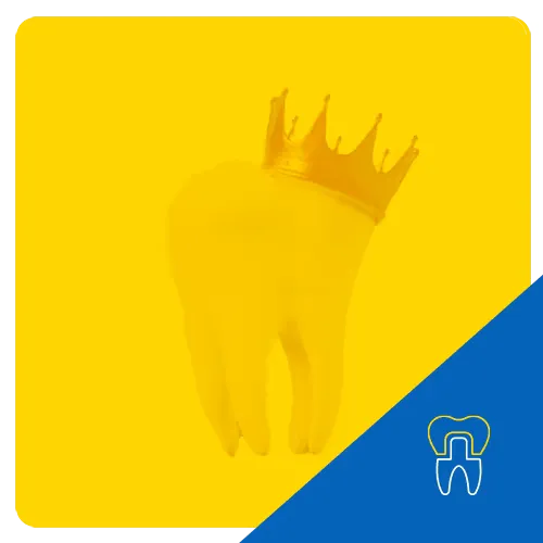 3D graphic of a tooth with a crown, depicted with a royal crown on top, set against a yellow background to signify dental crown procedures.