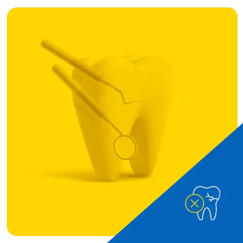 3D representation of a tooth undergoing dental treatment with tools, on a yellow background, indicating restorative dental care.