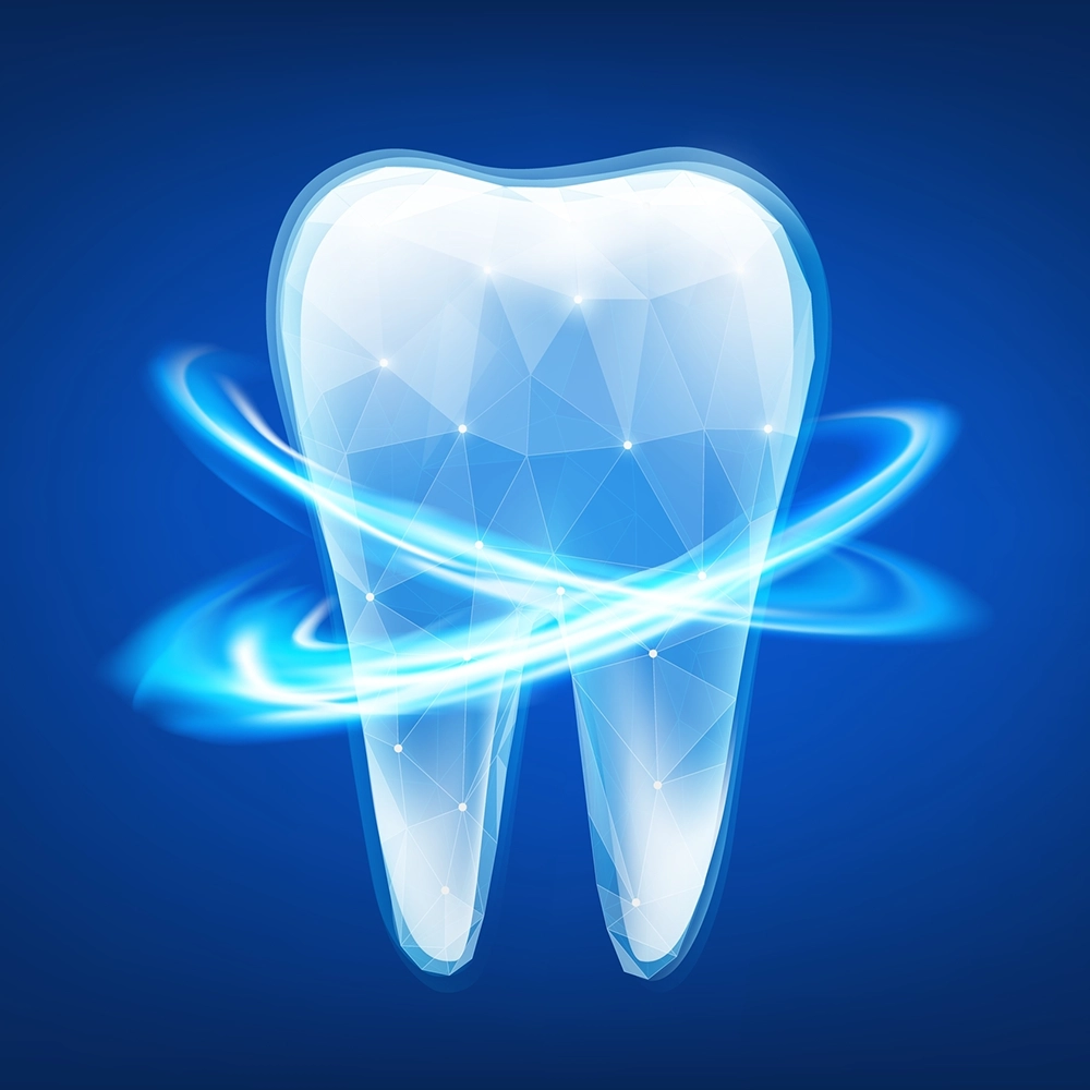 3D rendering of a tooth surrounded by swirling light against a deep blue background.