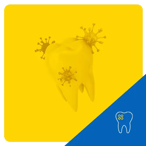 3D graphic of a tooth with multiple protruding bacteria, set against a yellow background, representing tooth infection or decay