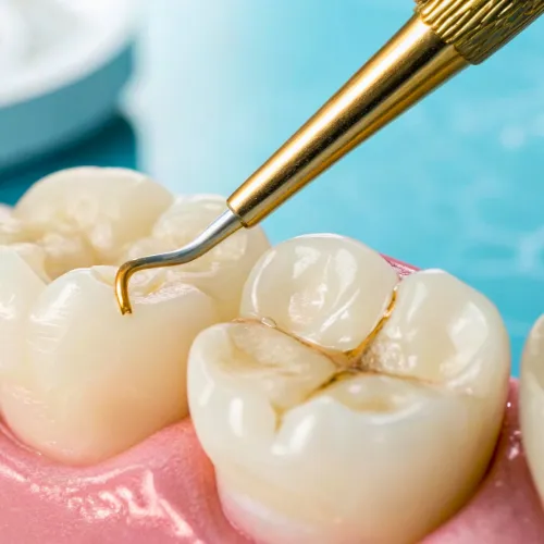 Model of teeth with cavities.