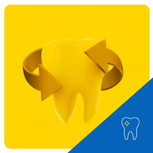 3D illustration of a molar encircled by arrows, on a yellow background, symbolizing processes such as tooth rotation or adjustment in dentistry.