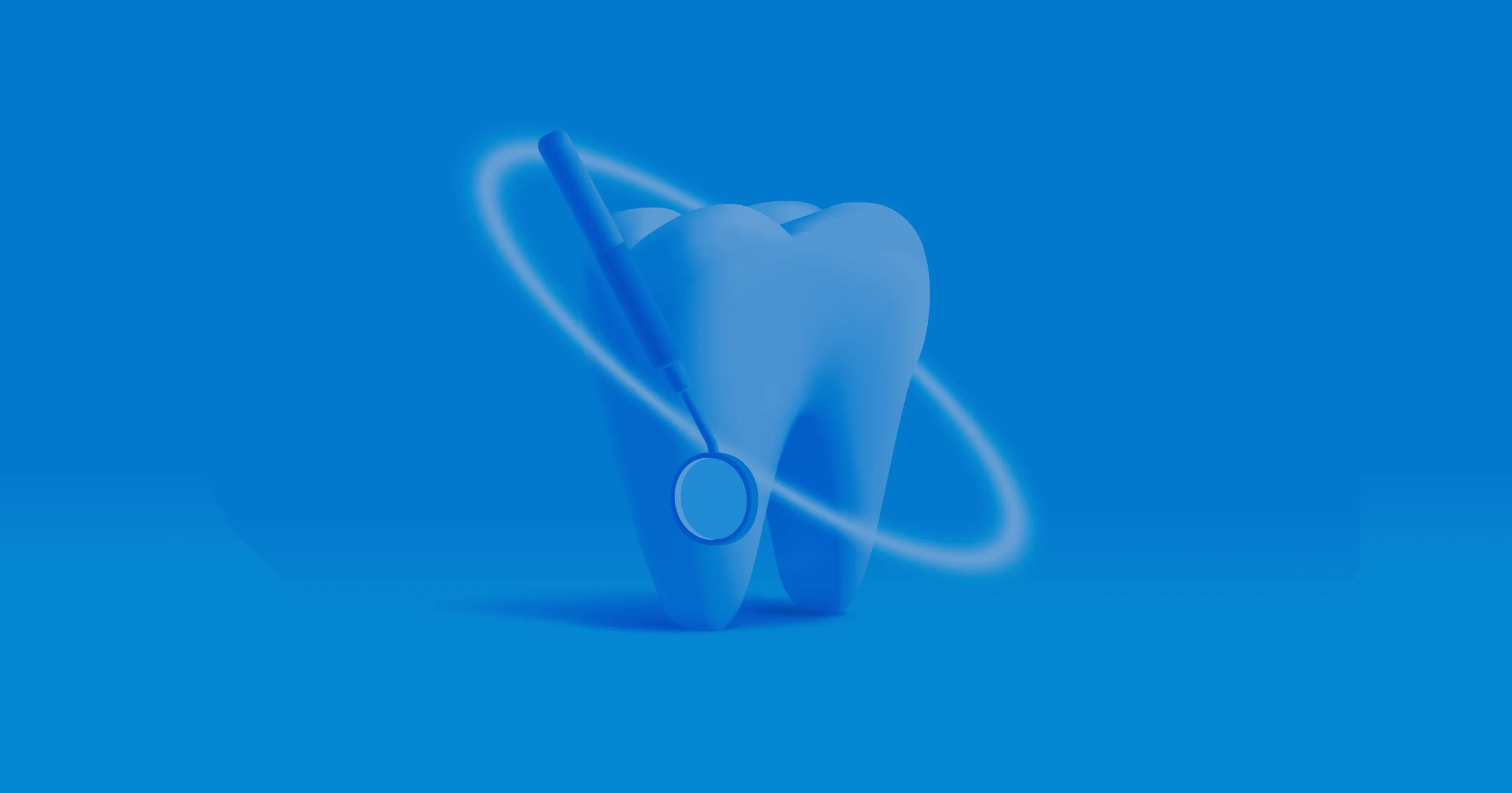 3D graphic of a blue tooth surrounded by swirling dental tools, symbolizing dynamic dental care on a vibrant blue background.
