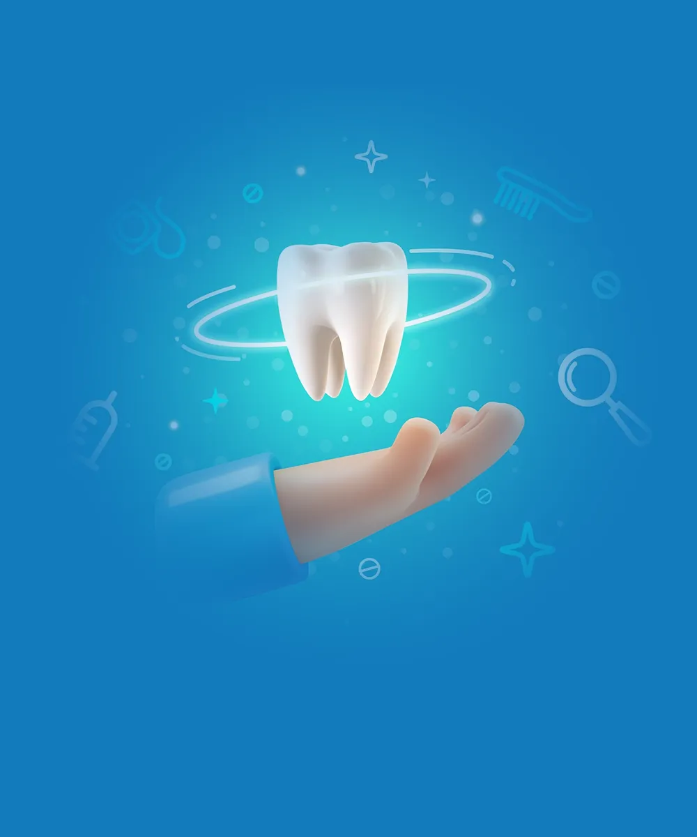 3D hand holding floating tooth surrounded by dental tools in background.