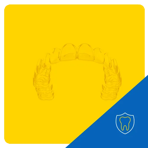 3D graphic of a transparent dental aligner for both upper and lower teeth, set against a yellow background, highlighting orthodontic treatment.