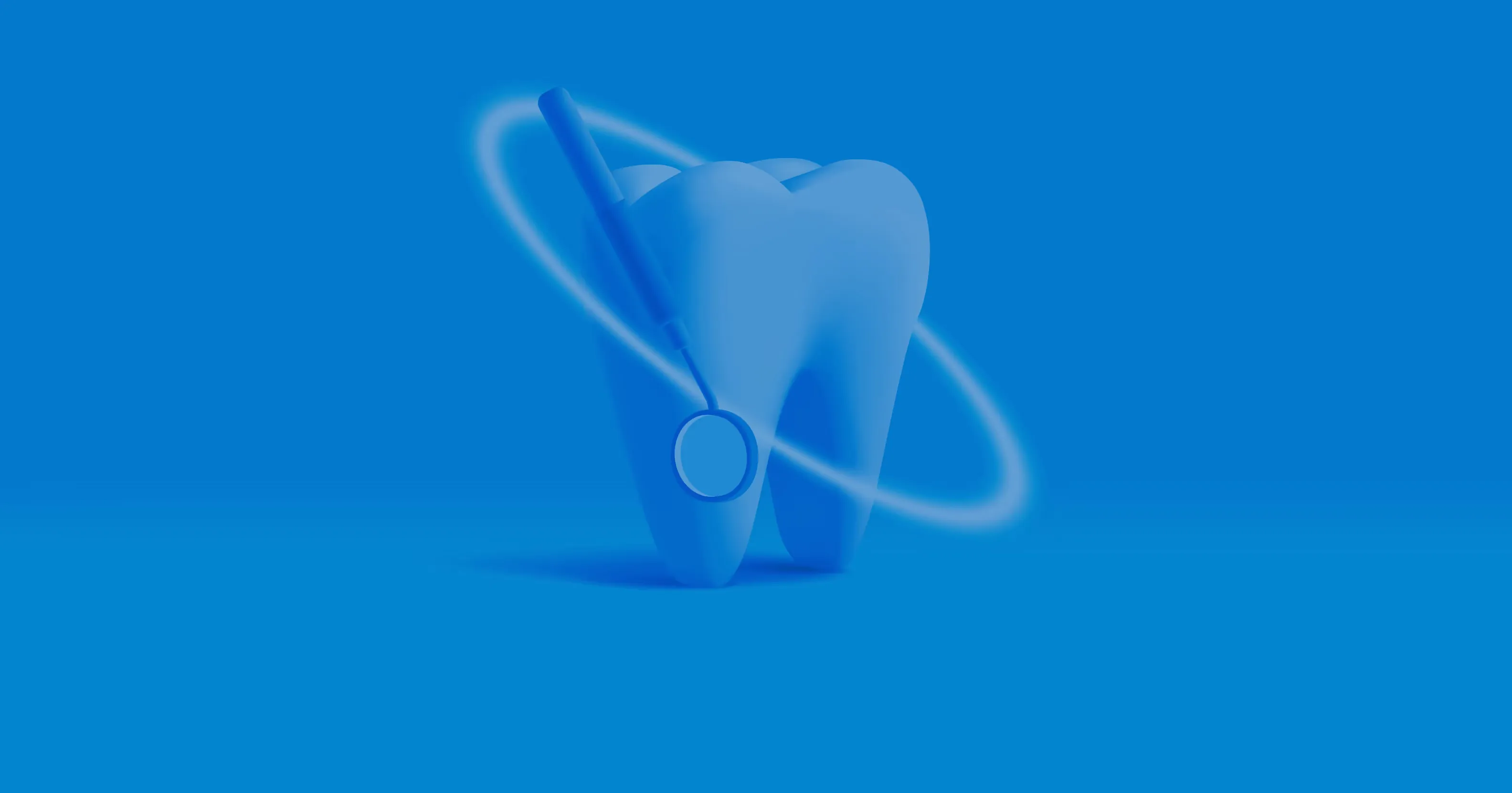 Stylized blue graphic of a molar tooth highlighted with light rings and a dental mirror on a solid blue background, symbolizing advanced dental care.