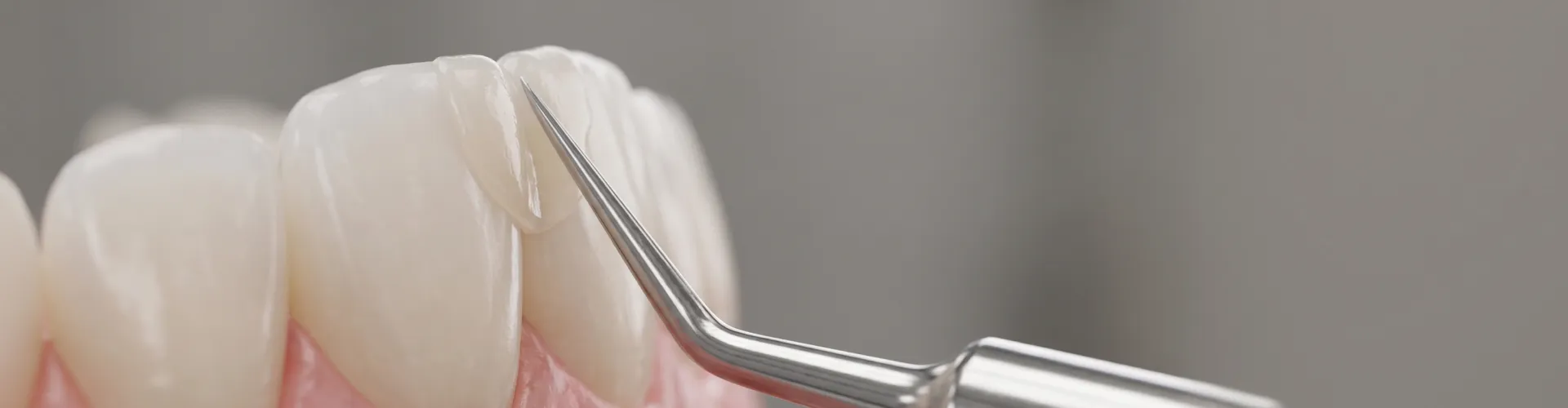 Close-up of a dentist using a dental instrument to apply composite resin during a dental bonding procedure on front teeth.