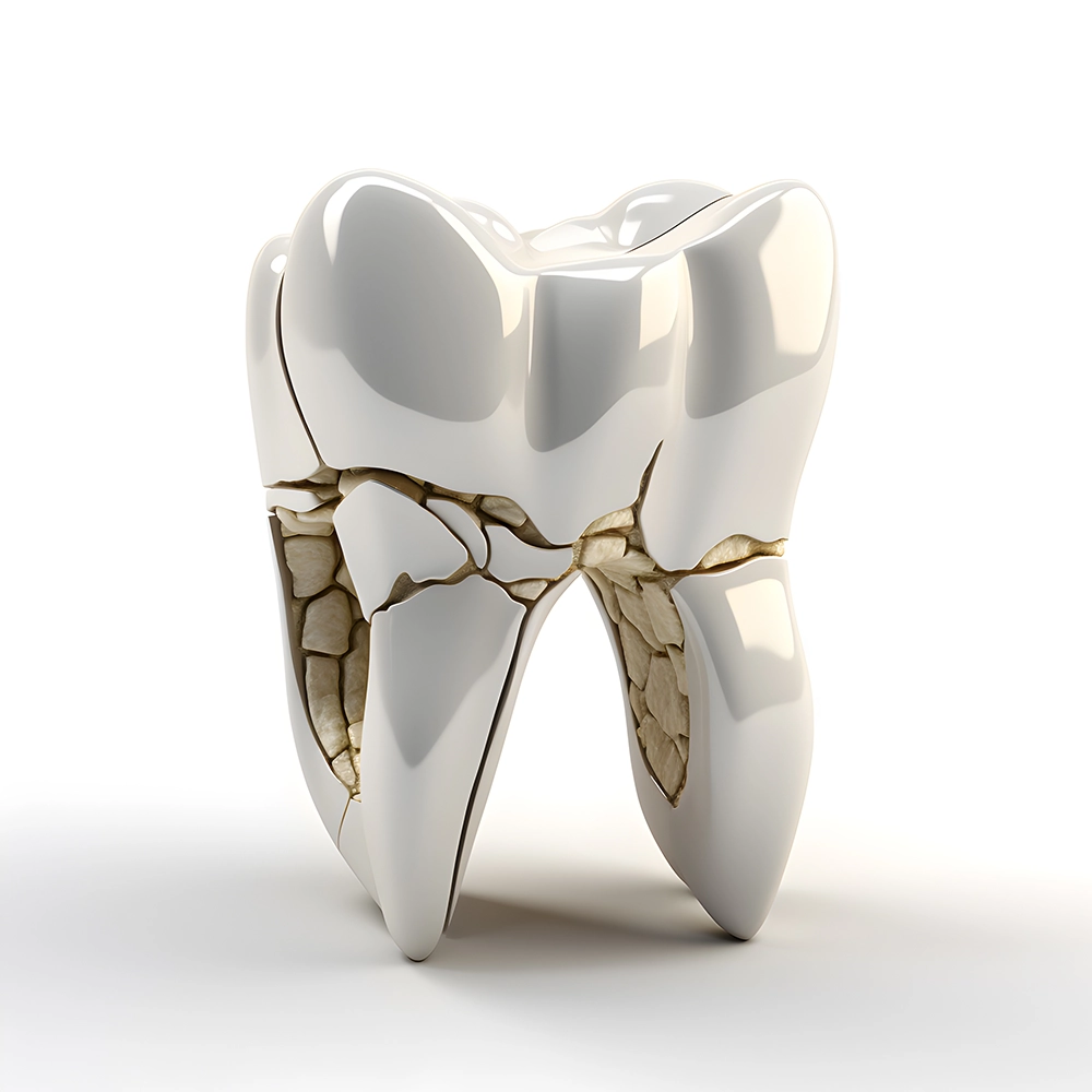 3D rendering of a tooth with visible cracks on its surface.