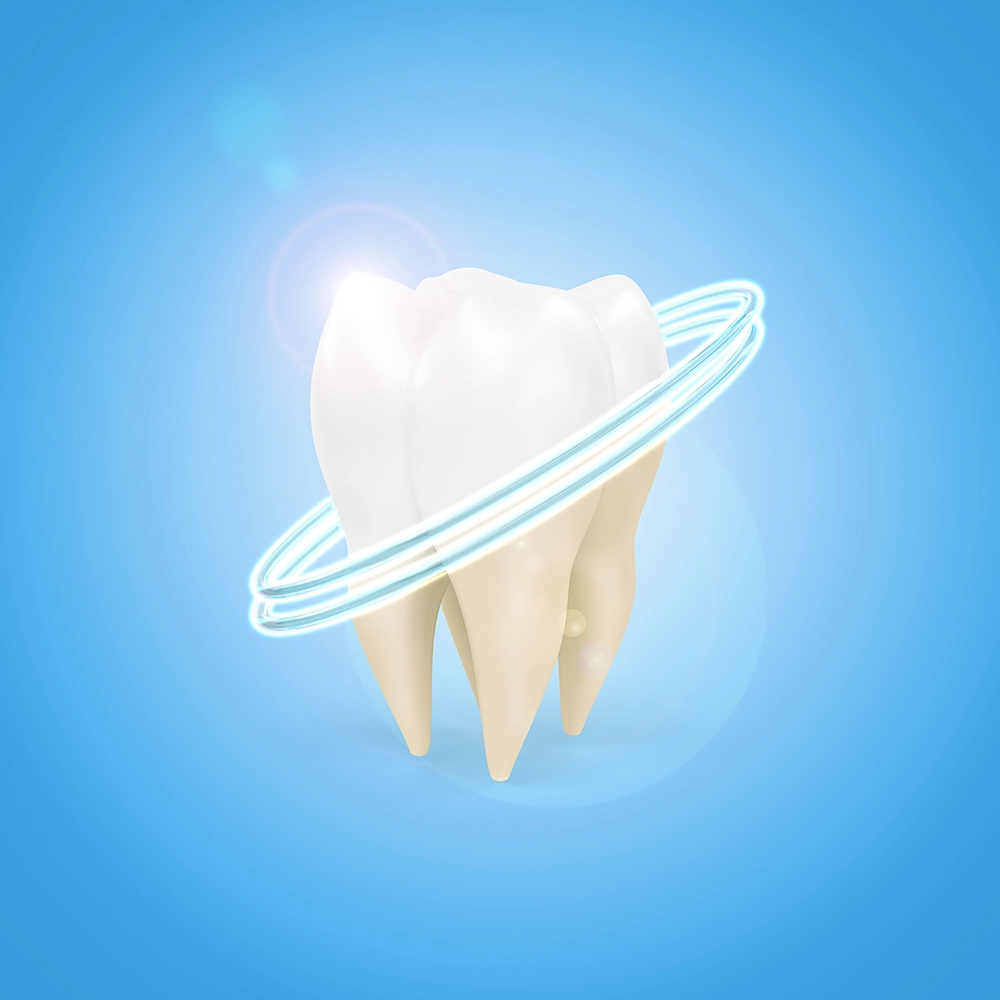 3D rendering of a tooth with a radiant flash in the upper right corner and a halo at a 45-degree angle, symbolizing cleanliness or whitening.